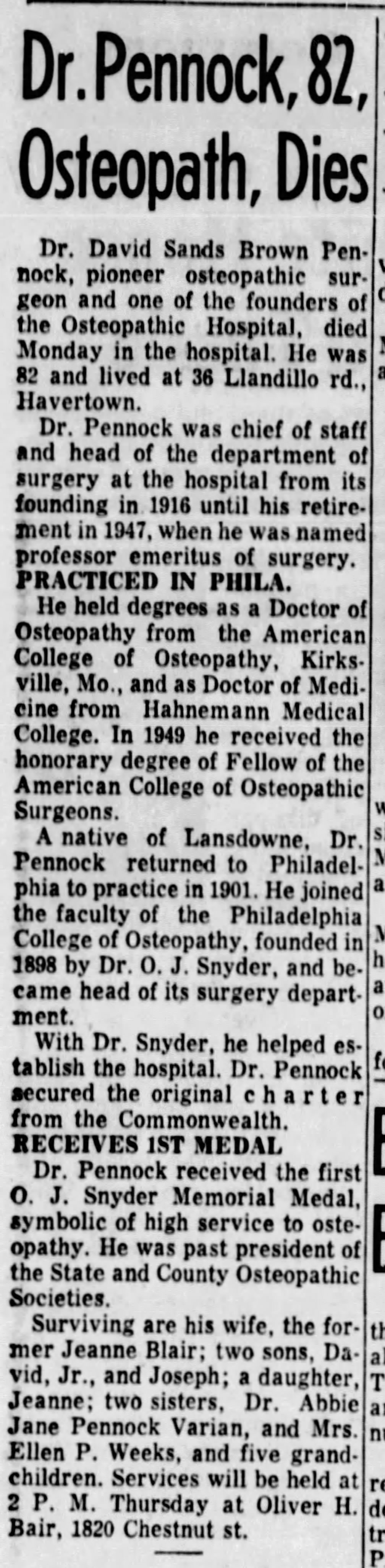 Dr. Pennock dies